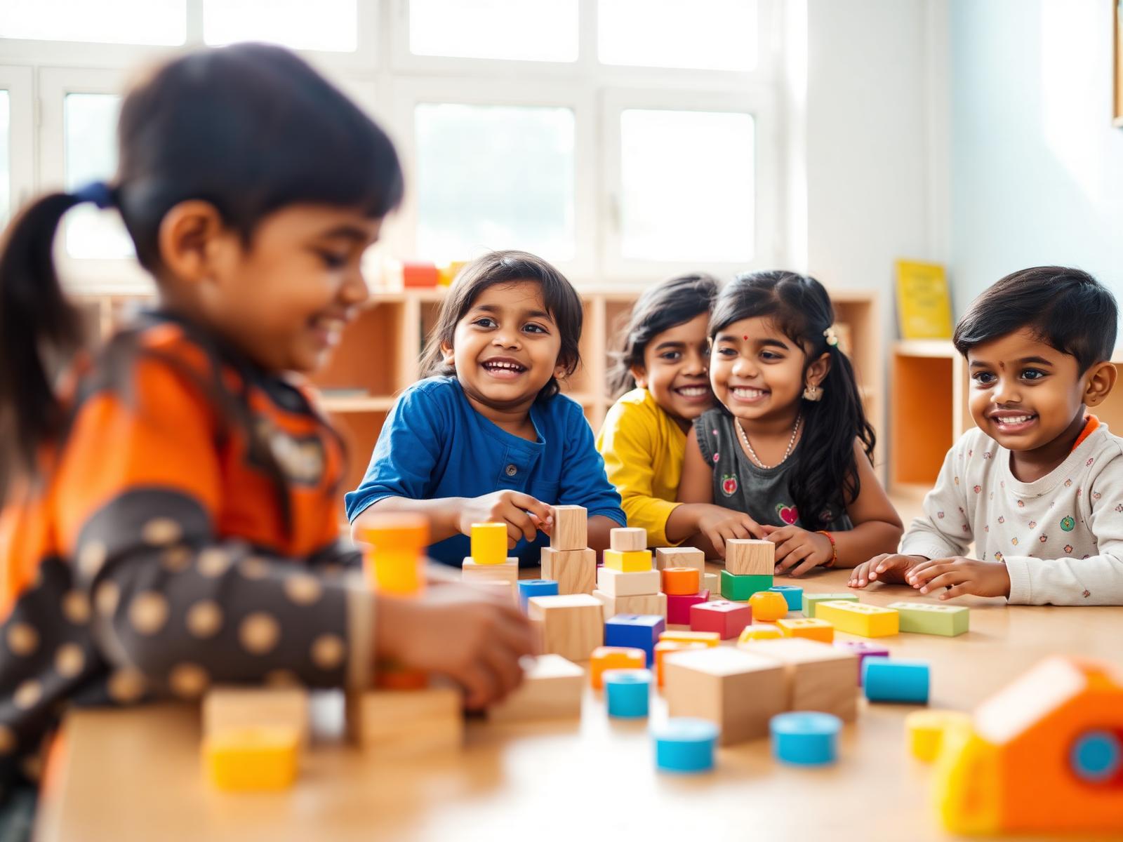 Happy preschool children playing with colorful blocks at People Grove Academy