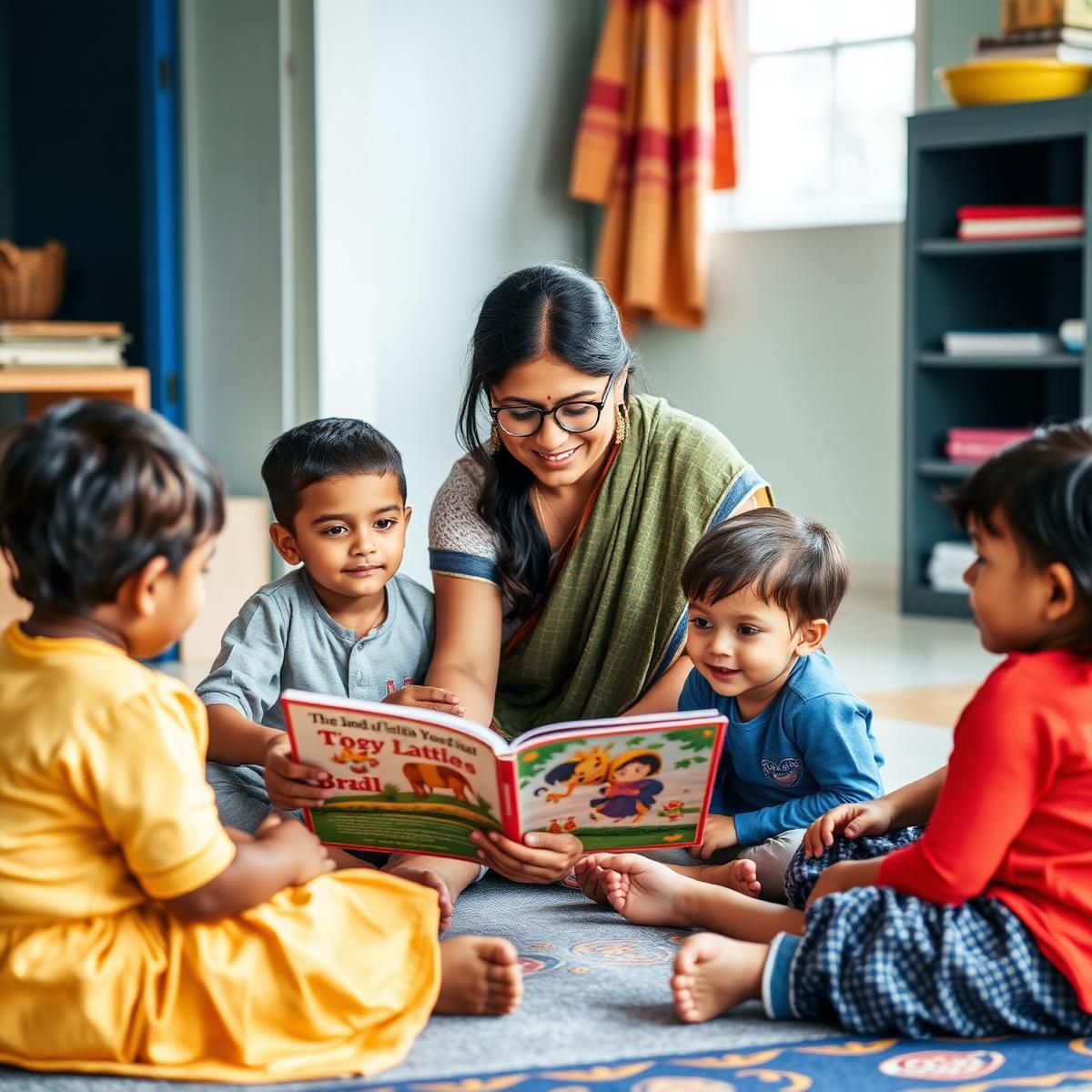 Teacher reading a story book to children